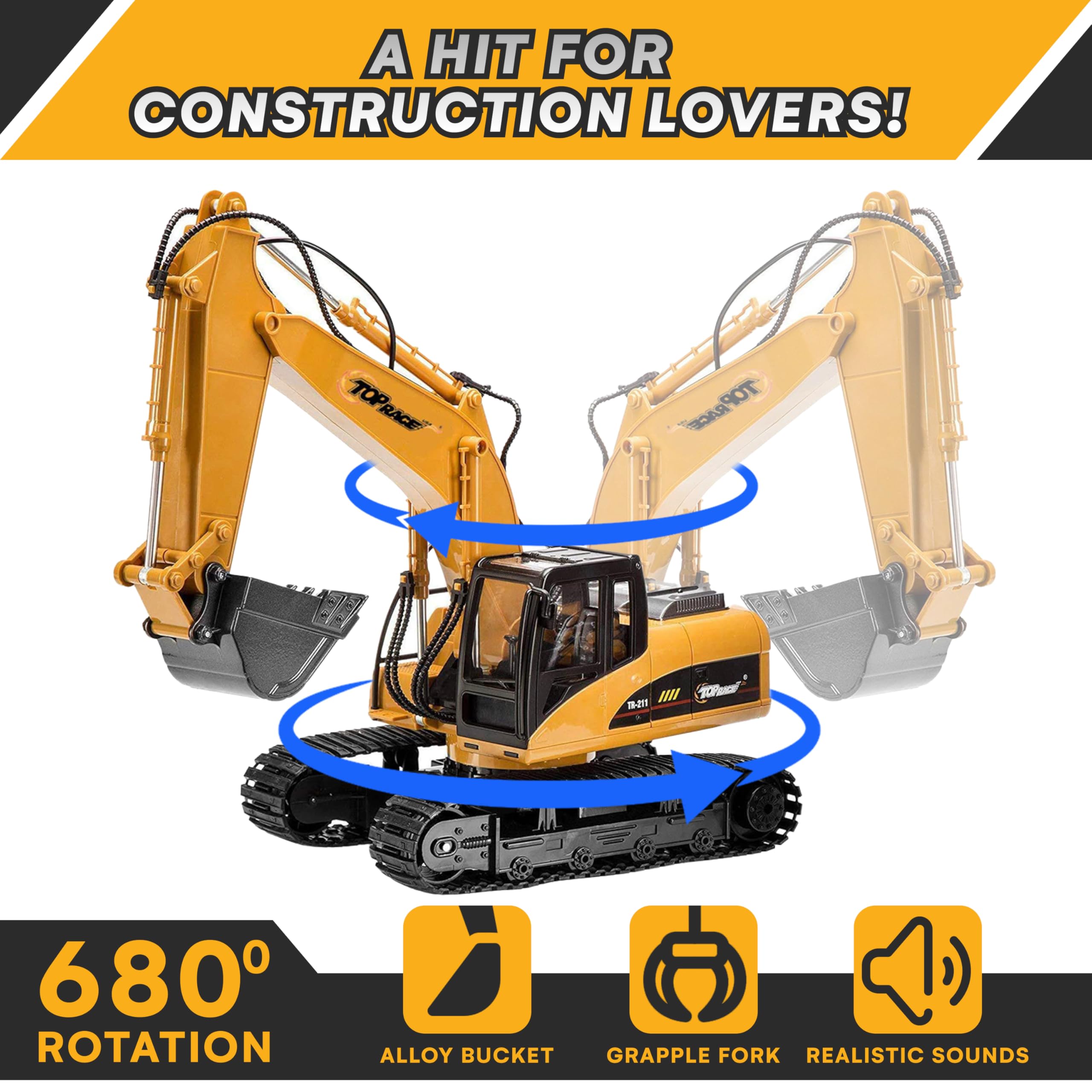 Top Race 15 Channel Full Functional Remote Control Excavator, Remote Control Excavator Toy with 2.4GHz Transmitter and Metal Shovel - 1:14 Scale Battery Powered Construction Tractor for Kids - TR 211