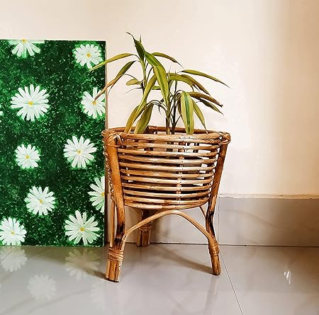 Zilver Handmade Cane Rattan Flower Pot Stand,Holder for Indoor Plants for Balcony, Livingroom, Kitchen, Garden, Varnish Brown Color