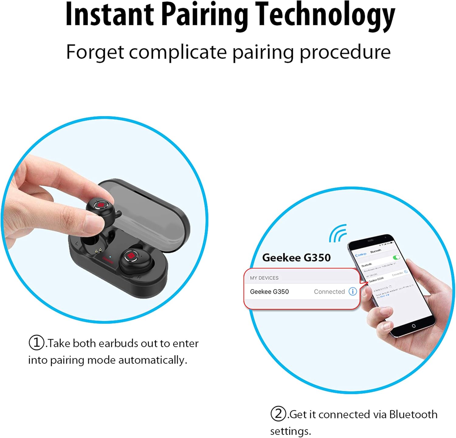 True Wireless Earbuds Bluetooth 5.0 Headphones, Sports in-Ear TWS Stereo Mini Headset w/Mic Extra Bass IPX5 Waterproof Low Latency Instant Pairing 15H Battery Charging Case Noise Cancelling Earphones