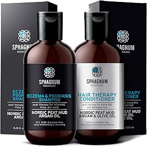 Psoriasis Shampoo and Conditioner Set - Complete Peat Mud Therapy for Itchy Scalp. Natural Healing Peat, Argan and Olive Oil Treatment, No Coal Tar. For Both Men and Women.