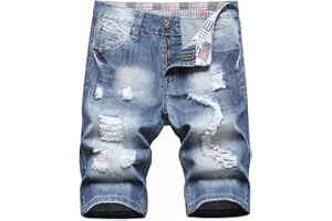 HENGAO Men's Ripped Jean Short Distressed Straight Fit Denim Shorts