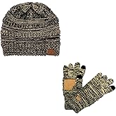C.C Unisex Soft Stretch Cable Knit Beanie and Anti-Slip Touchscreen Gloves 2 Pc Set
