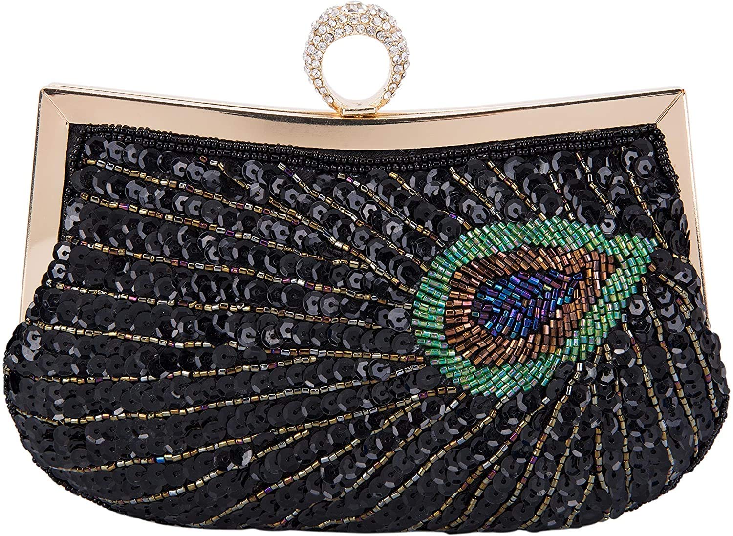 SYMALL Women's Clutch Bridal Exquisite Peacock Pattern 3D Beaded Evening Party Clutch for Wedding Handbag Coctail Ceremony, Black