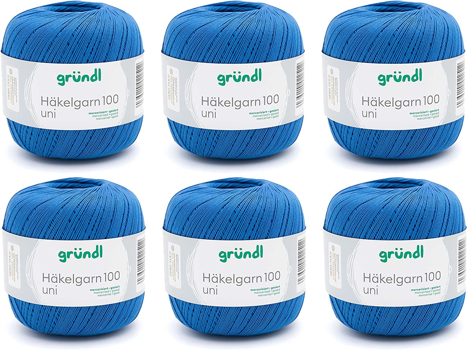 Gründl Crochet Yarn 100 uni (Mercerised Cotton Yarn for Crocheting Made of 100% Cotton, 100 g / 566 m, Needle Size: 1.5-2, 6 x 100 g), Royal Blue