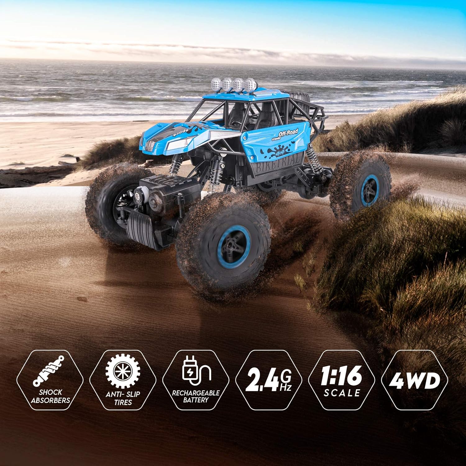 RC Car, SHARKOOL 2020 Updated 2.4Ghz 4WD 1/16 Scale RC Trucks Rc Crawlers Remote Control Car with Two Rechargeable Batteries, Off Road Vehicle for Kids & Adults, Blue: Toys & Games