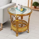 Pelangi Coffee Round Table Colonial Color Handmade ECO Natural Rattan Wicker with Glass Top