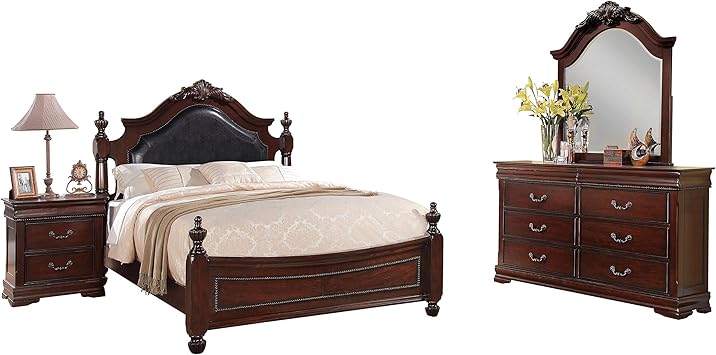 Amazon Com Acme Furntiure Gwyneth 4 Piece Bedroom Set Black Pu And Cherry Cherry Queen Furniture Decor