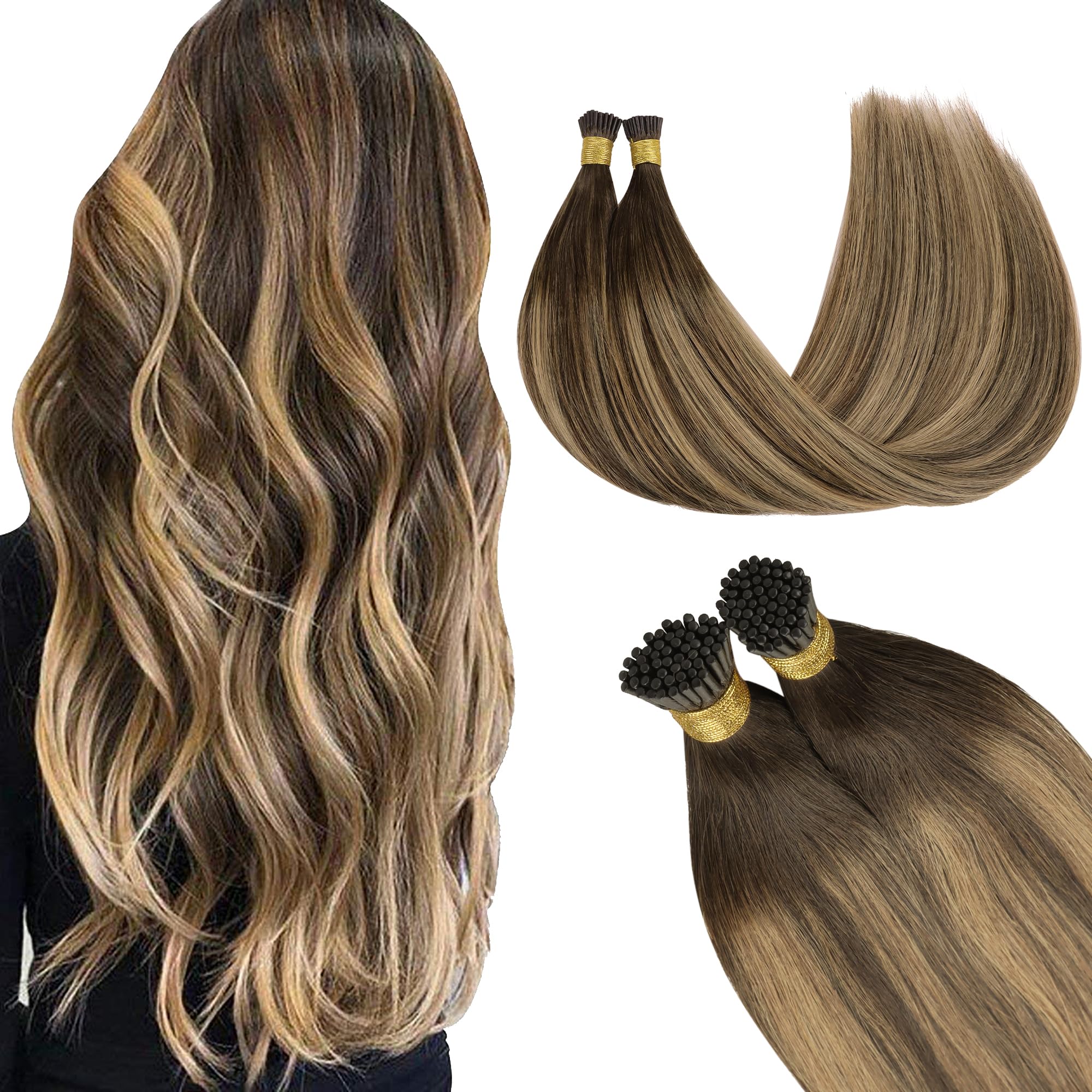 GOO GOO I Tip Hair Extensions Real Human Hair, Balayage Chocolate Brown to Caramel Blonde 50g 50 Strands 22inch Cold Fusion I Tip Hair Extensions — image 1