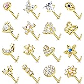 YADOCA Gold Nose Rings Studs for Women - 20G Surgical Steel Nose Ring L Shaped Nose Piercing Jewelry Hypoallergenic CZ Heart Nose Studs Silver Rose Gold 16Pcs