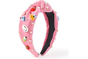 PANTIDE Teacher Jeweled Knotted Headband - Teacher Appreciation Gift Apple Pencil Rhinestone Pearl Embellished Headband Wide Top Knot Hair Accessories Back To School Birthday for Women Girls (Pink)