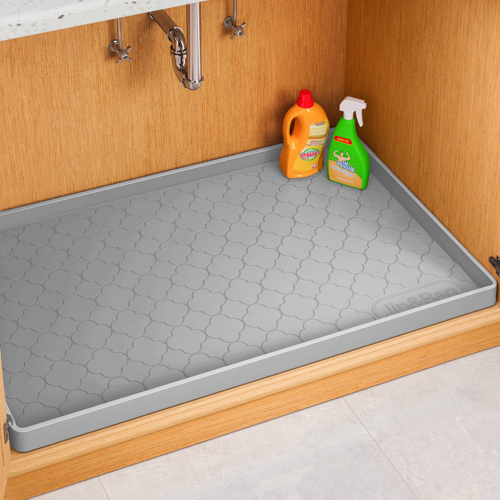 Jin&Bao Waterproof Under Sink Mat 25" x 19", Thick Silicone Mat Cabinet Protector for Kitchen and Bathroom, Shelf Liner, Home Organizer and Storage, Multipurpose Tray for Gadgets and Essentials Image