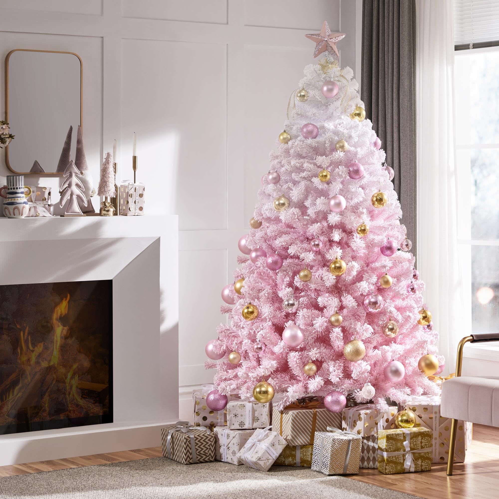 Yaheetech 6ft Premium Snow Flocked Artificial Christmas Tree Hinged Pine Full Holiday Xmas Tree for Home Office Party Decoration w/820 Branch Snow Tips & Metal Stand, Pink Gradient & White Image