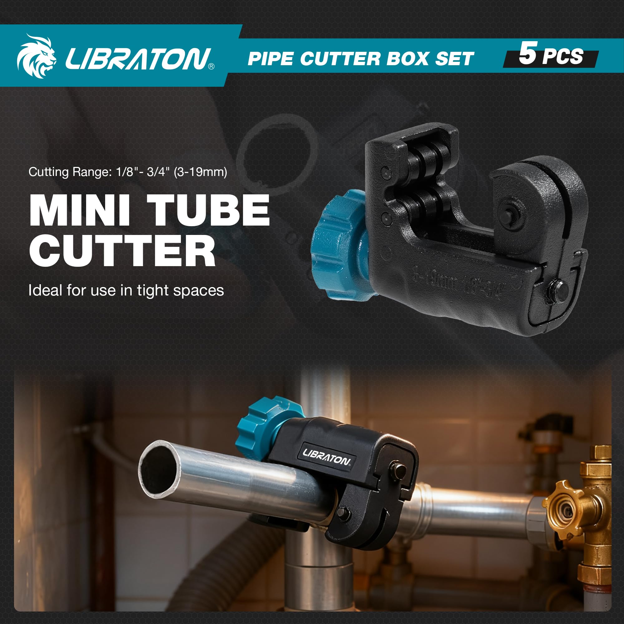LIBRATON Rohrschneider 3-50MM, Hochleistungs-rohrschneider Edelstahl, PEX-Rohrschneider, Entgrater und Rohrreibahle, 5tlg Rohrabschneider Set für Kupfer, Aluminium, PEX, PVC, mit Aufbewahrungsbox 4
