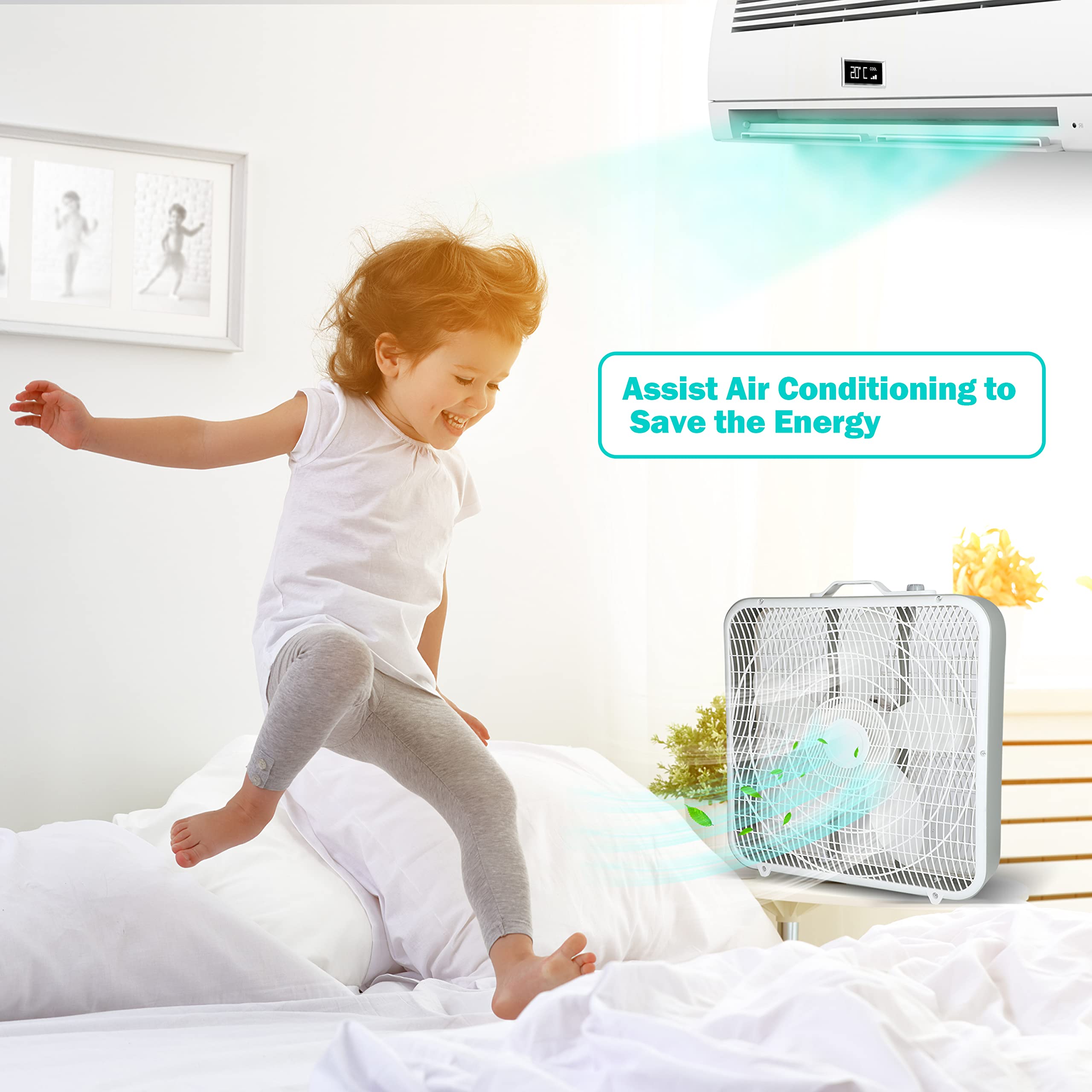 Simple Deluxe 20'' Box Fan, 3-Speed Cooling Floor Fan with Aerodynamic Shaped Fan Blades, Convenient Carry Handle and Safety Grills, For Home Office Color: Black White