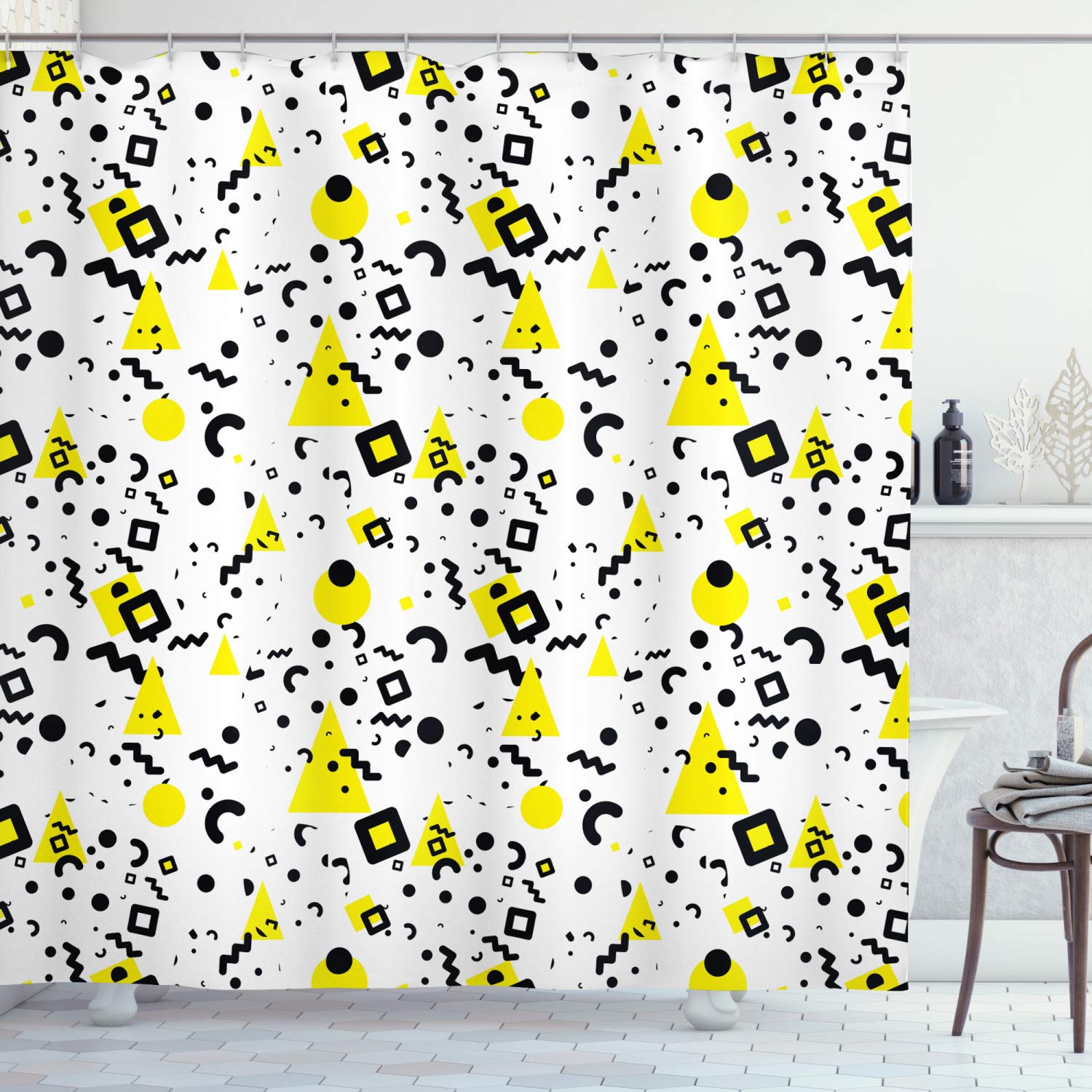 ABAKUHAUS Black and Yellow Shower Curtain, Primitive Patterns of Minimalism 80's 90's Years Memphis Style, Cloth Fabric Bathroom Decor Set with Hooks, 175 x 200 cm, Black Yellow White