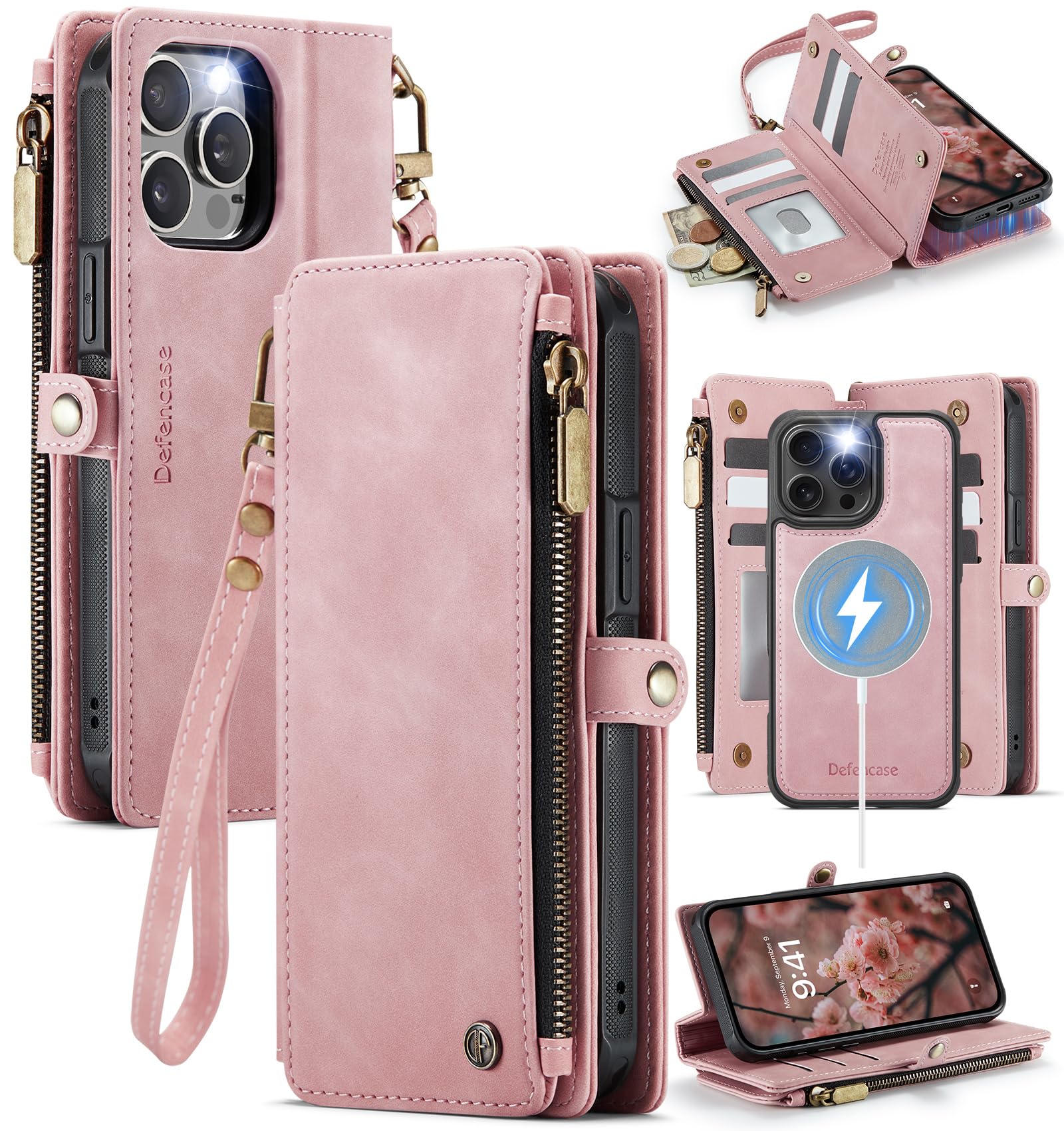 Photo 1 of Defencase for iPhone 15 Pro Max Magnetic Wallet Case Compatible with Magsafe with RFID Blocking Zipper Strap Card Holder for Women, PU Leather Detachable Case for iPhone 15 Pro Max (6.7"), Rose Pink