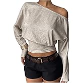SOLY HUX Women's Off The Shoulder Long Sleeve Top Asymmetrical Neck Fitted Going Out Cropped T Shirts