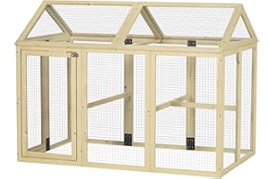 Pawhut Chicken Run, Large Wooden Chicken Coop with 3 Perches & 2 Doors, Outdoor Poultry Cage for 1-3 Chickens, Rabbits, Ducks