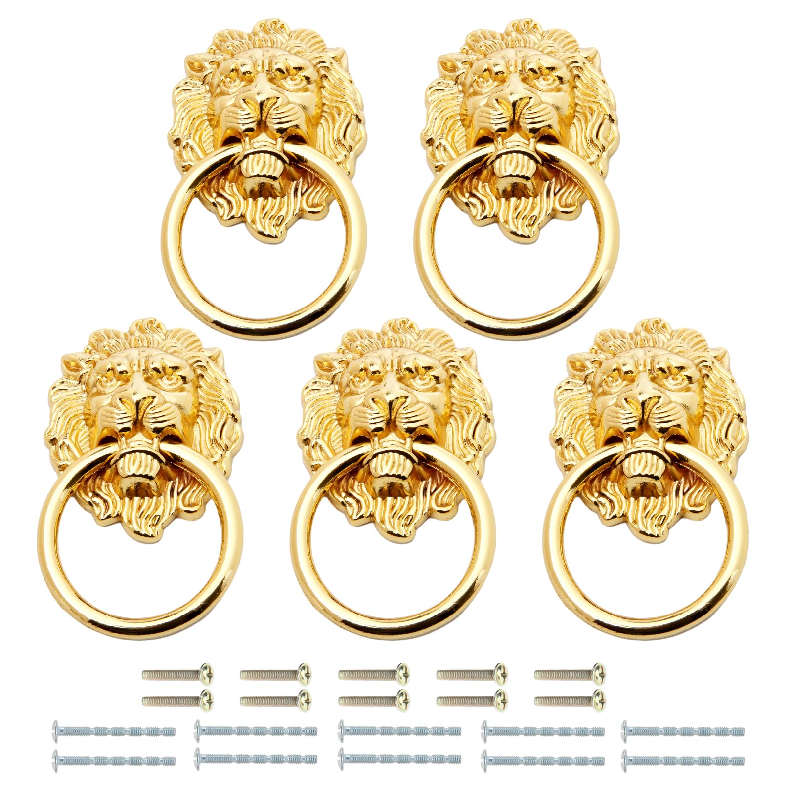 Mgoodoo Knobs Lion Head Front Door Knockers Home Garden Door Knocker Gold Drawer Knob Handle Lion Pull Ring 90x50mm Large Gold 5Pcs