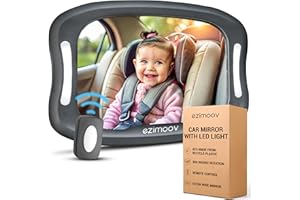 Ezimoov EZI Mirror LED - Rear Seat Baby Mirror with Remote-Controlled LED Light - XL Acrylic Surface - 360° Swivel - Adjustab