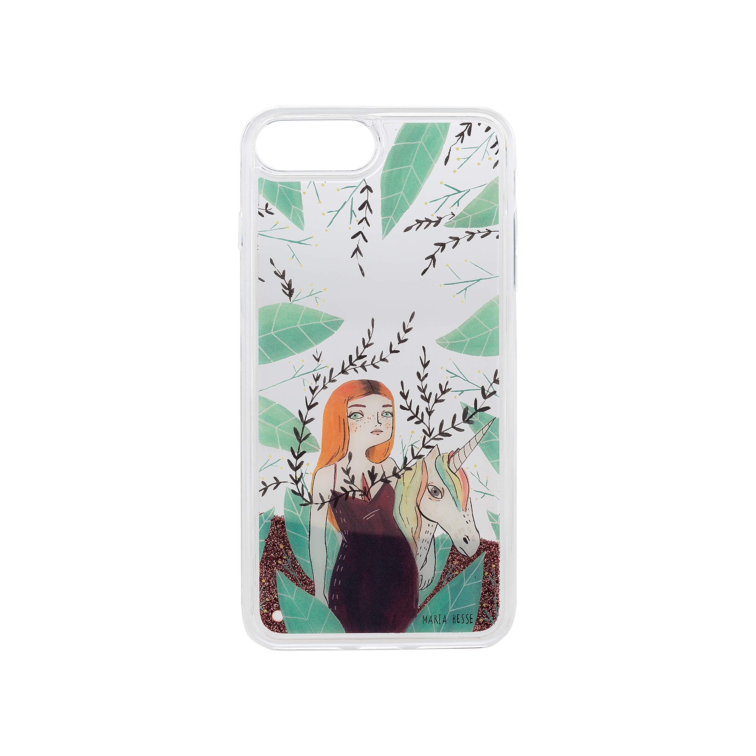 Maria Hesse Case iPhone 7 Plus and iPhone 8 Plus Transparent with Glitter and Illustration of Girl with Unicorn Design