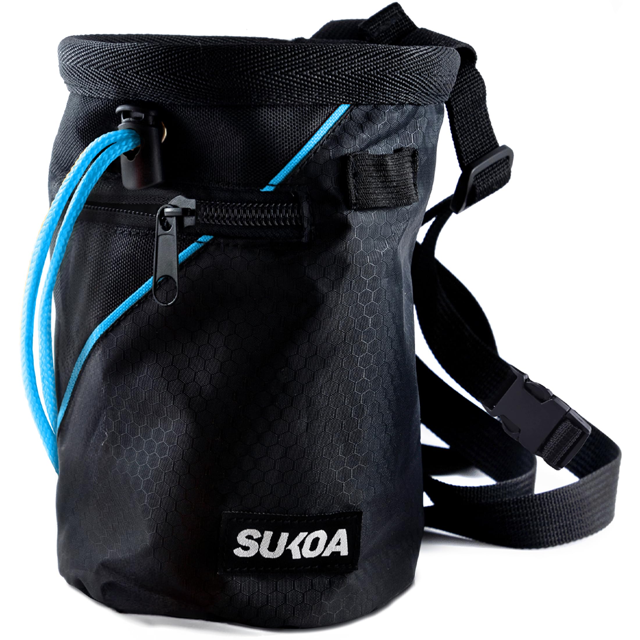Sukoa Chalk Bag for Rock Climbing - Bouldering Chalk Bag Bucket with Quick-Clip Belt and 2 Large Zippered Pockets - Rock Climbing Gear Equipment (Blue)