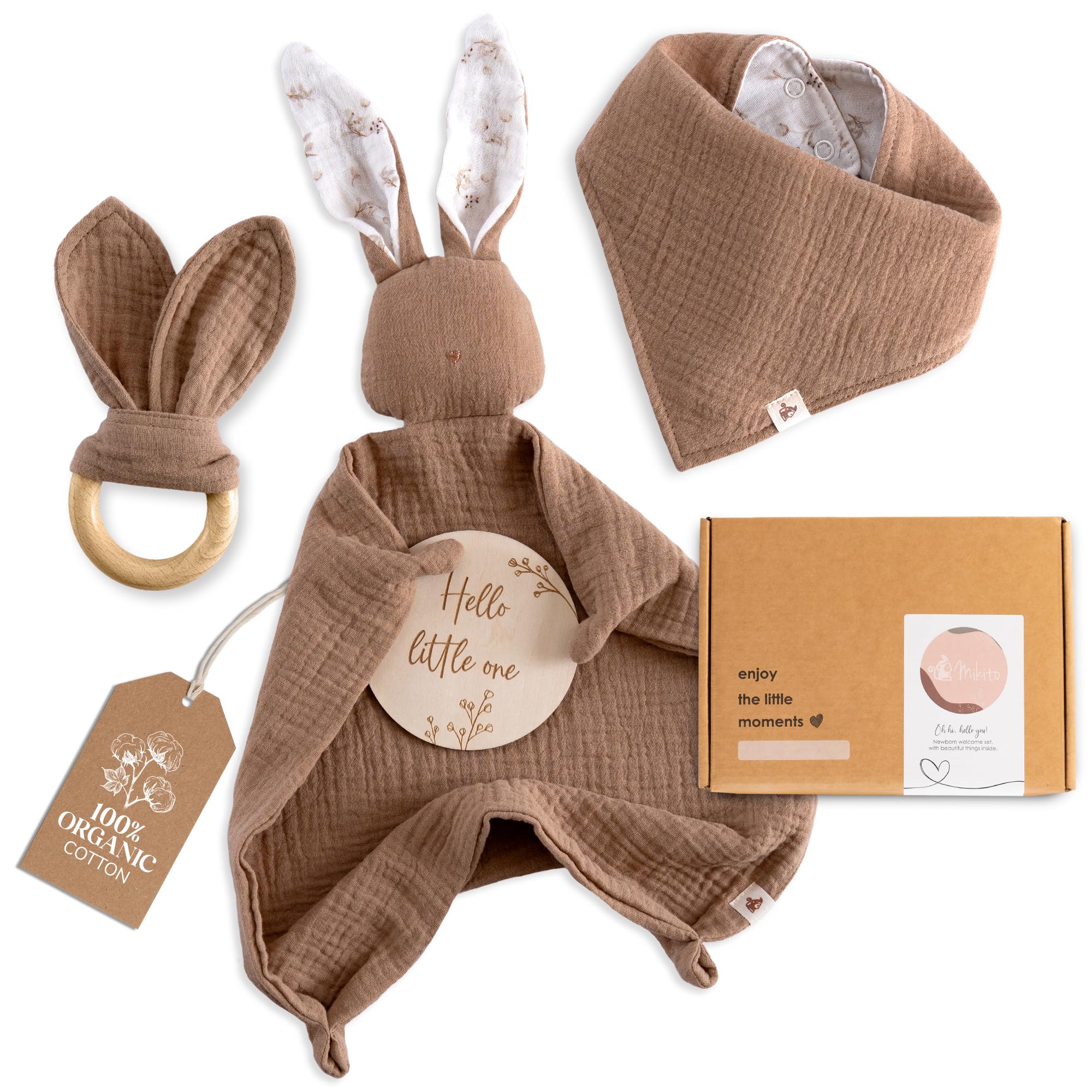 Mikito Baby Gift Set – Organic Newborn Essentials | 4-Piece Keepsake Set | Muslin Comforter, Wooden Teether, Bib & Birth Announcement Sign | Ideal for New Baby & First Time Mums