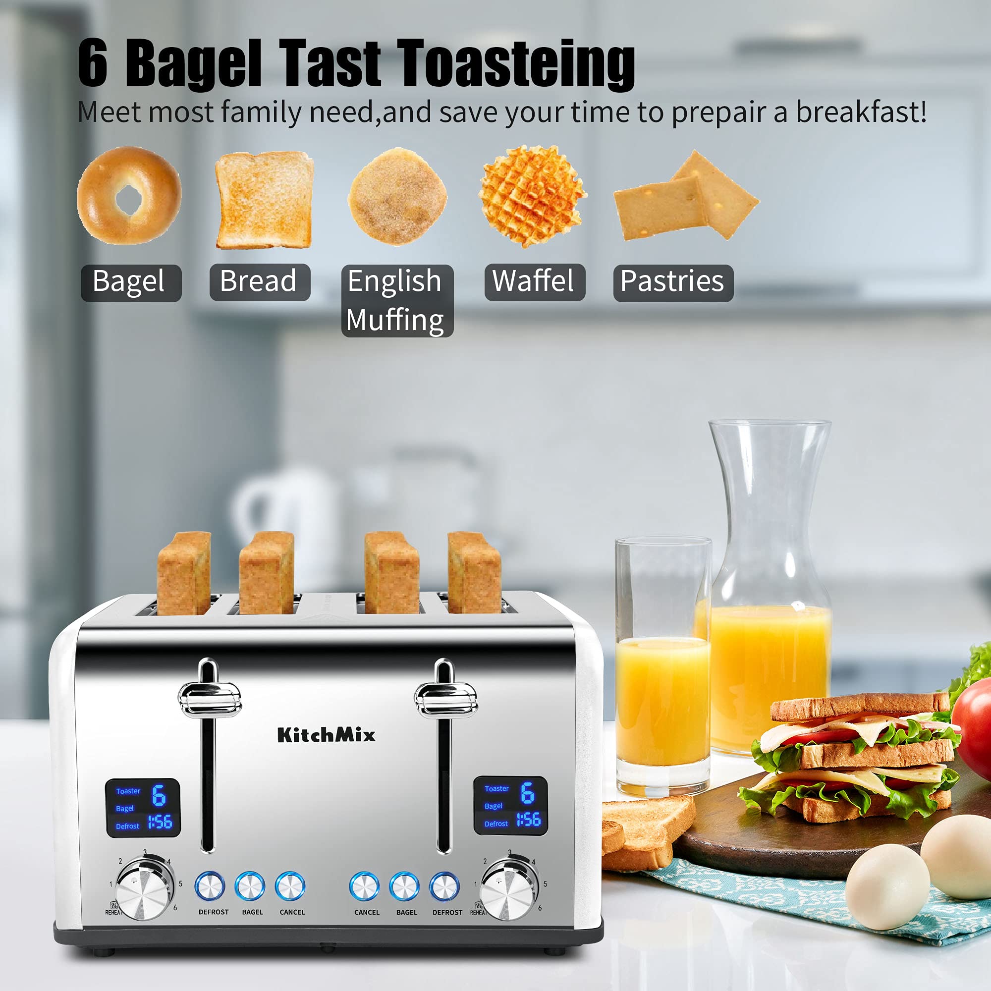Tostadora de 4 rebanadas, Tostadora KitchMix Bagel de acero inoxidable con temporizador LCD, ranuras extra anchas, pantalla doble, bandeja para migas extraíble (blanco)