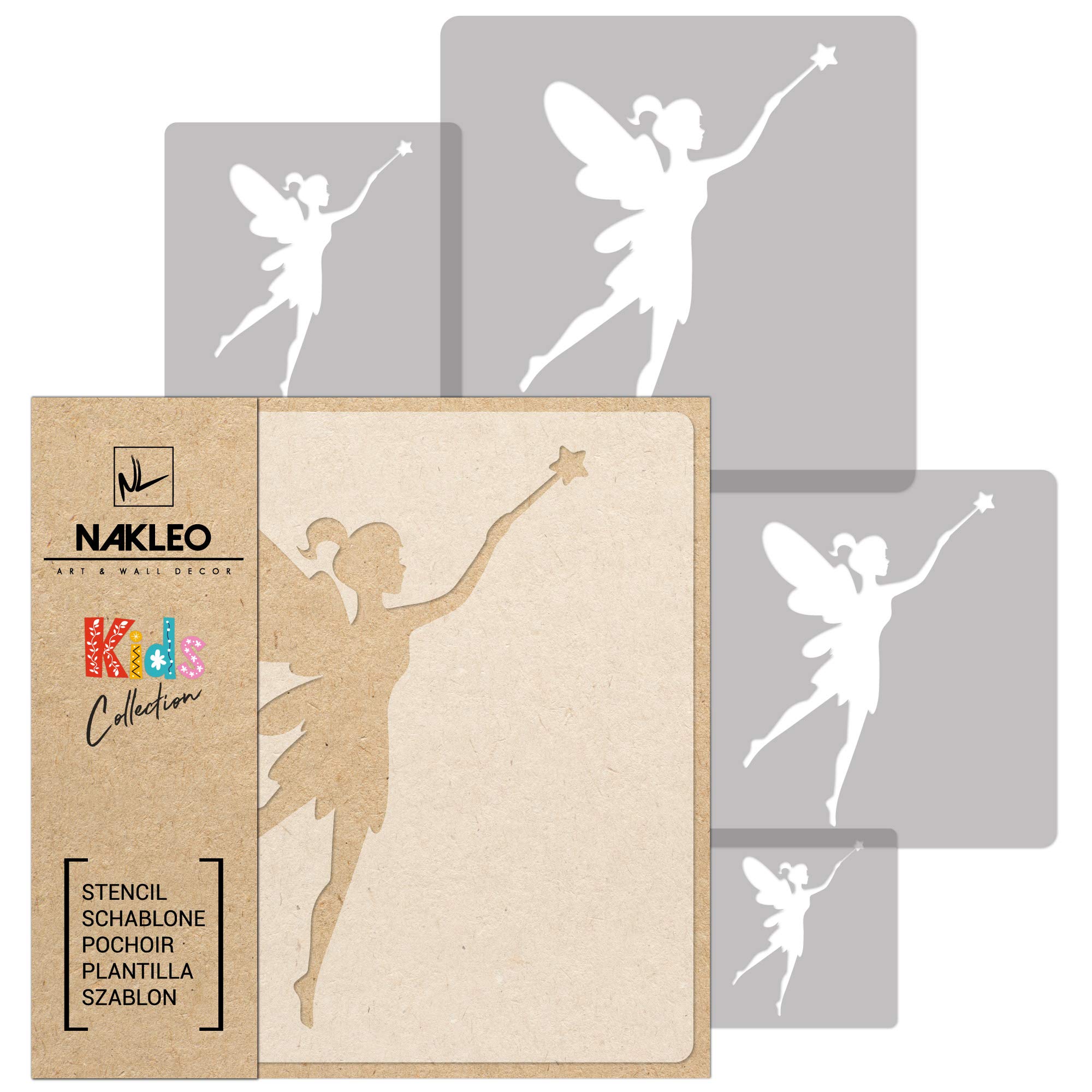 NAKLEO Painting Stencils Set for Nursery Room, 5 Pcs Templates 9x9 to 34x34cm Fairy Tale Fay, Plastic and Reusable Drawing Stencils, Decor, Craft DIY Wall Furniture