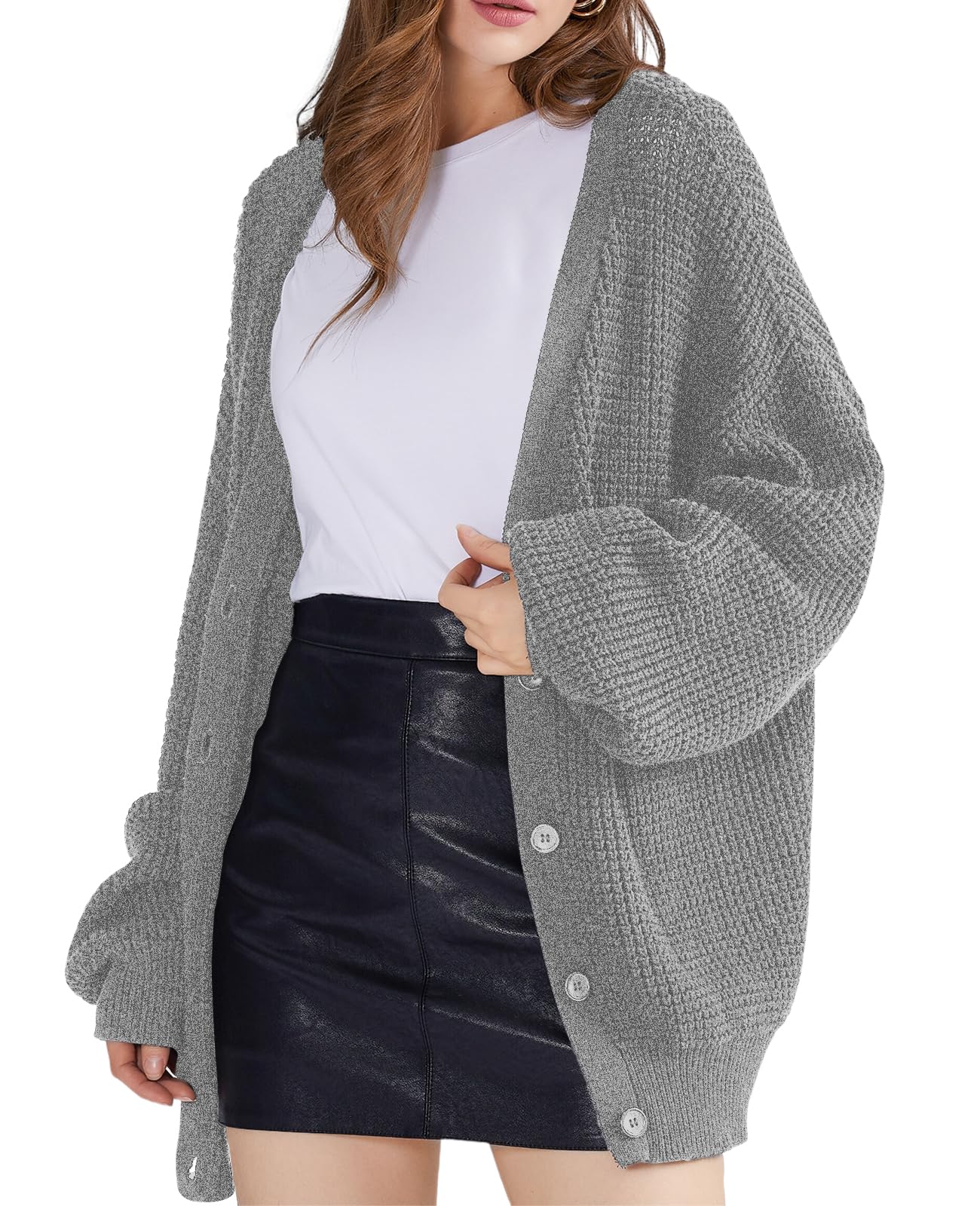 QUALFORT Women's Cardigan Sweaters for Women 100% Cotton Button-Down Long Sleeve Fall Sweaters for Women 2025 Light Grey 3X-Large Image