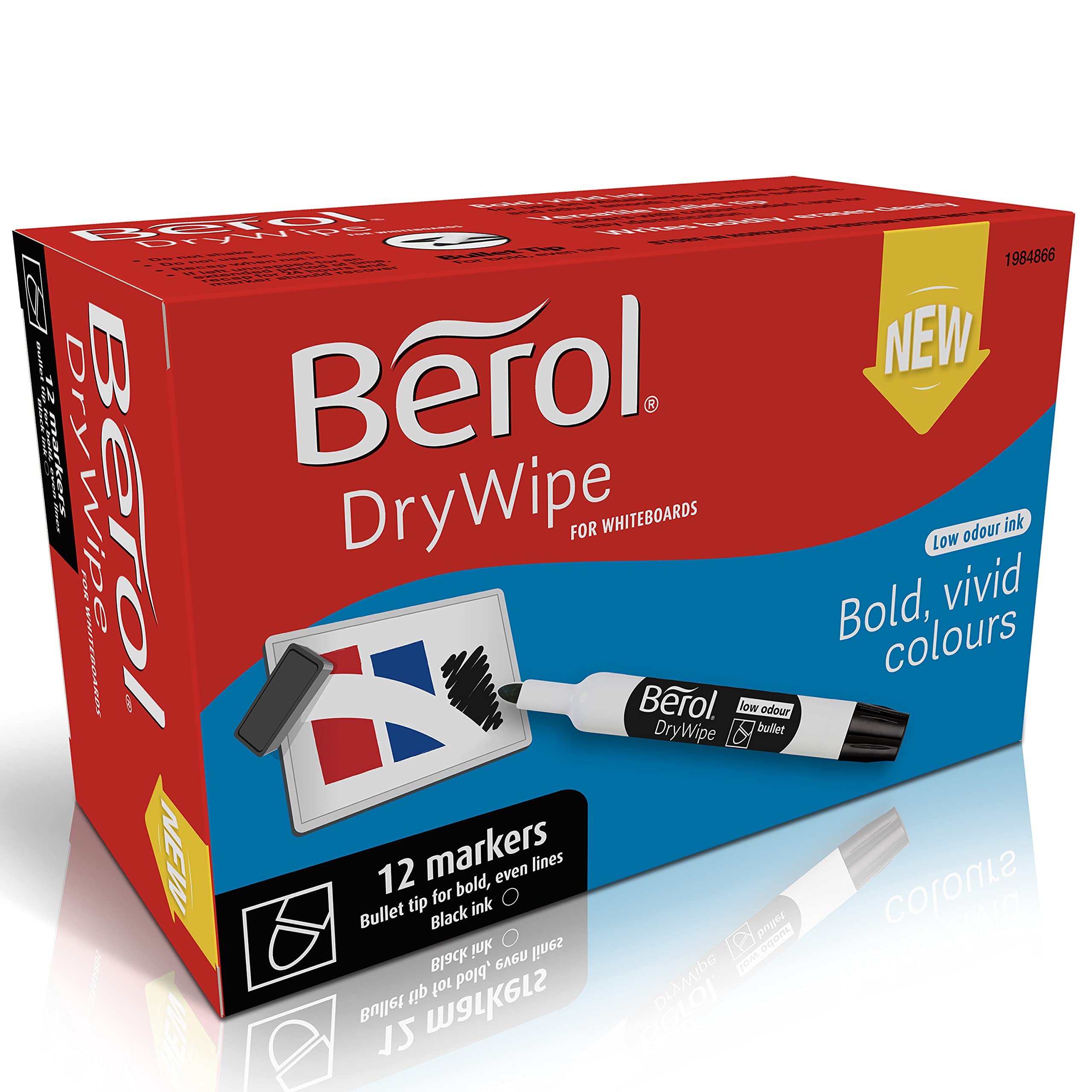 Berol Dry Wipe Whiteboard Marker Pens | Bullet Tip | Black Ink | 12 Count
