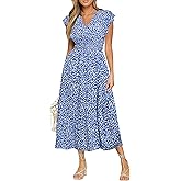 BerryGo Womens Summer Floral Maxi Dress Casual Boho V Neck Ruffle Short Sleeve Beach Long Dresses with Pockets