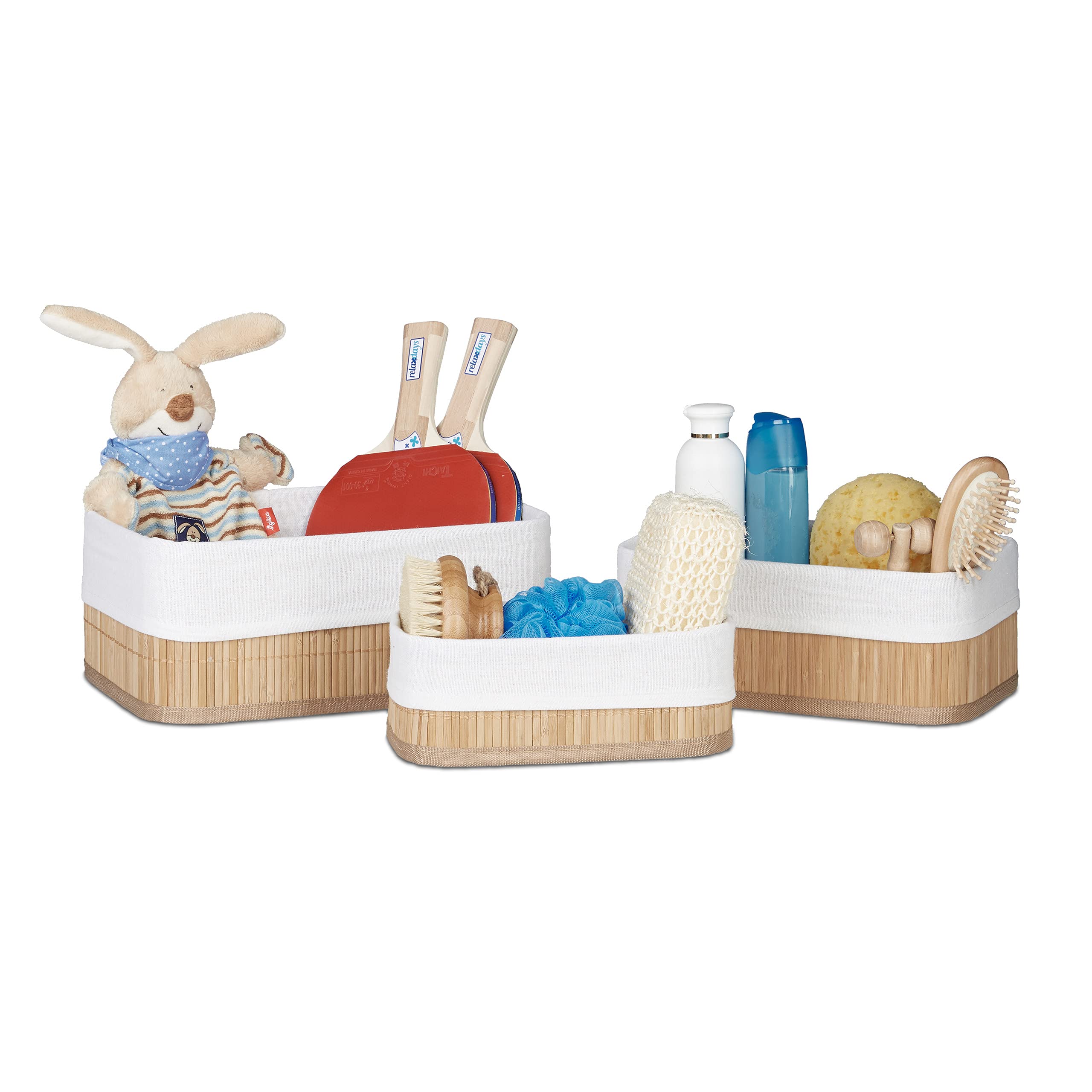 Relaxdays Bamboo Bathroom Baskets, HxWxD13 x 30 x 20 cm, Set of 3 Shelf Bins with Cloth Insert, Natural