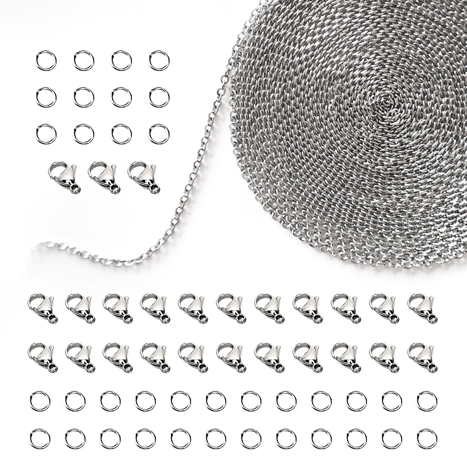 TEEUCNY Stainless Steel Link Chain, 39 Feet/ 12M Stainless Steel Cable Chain Necklace with 25 Lobster Clasps & 60 Jump Rings for Necklace Bracelet Earring Extension DIY Jewelry Making Chain Kit 2.4mm