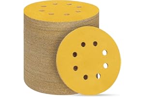 POTUINOM 100PCS 5 Inch 8 Hole Sanding Discs 180 Grit,Gold Round Hook and Loop Sandpaper for Random Orbital Sander