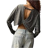 OYOANGLE Women's Printed Long Sleeve Open Back Crop Top Scoop Neck Asymmetrical Hem Oversized Tshirts