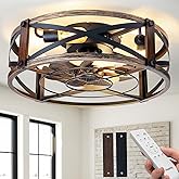 Passky 20" Farmhouse Flush Mount Ceiling Fans with Lights and Remote, Industrial Black Caged Low Profile Fandelier, 6 Speeds 