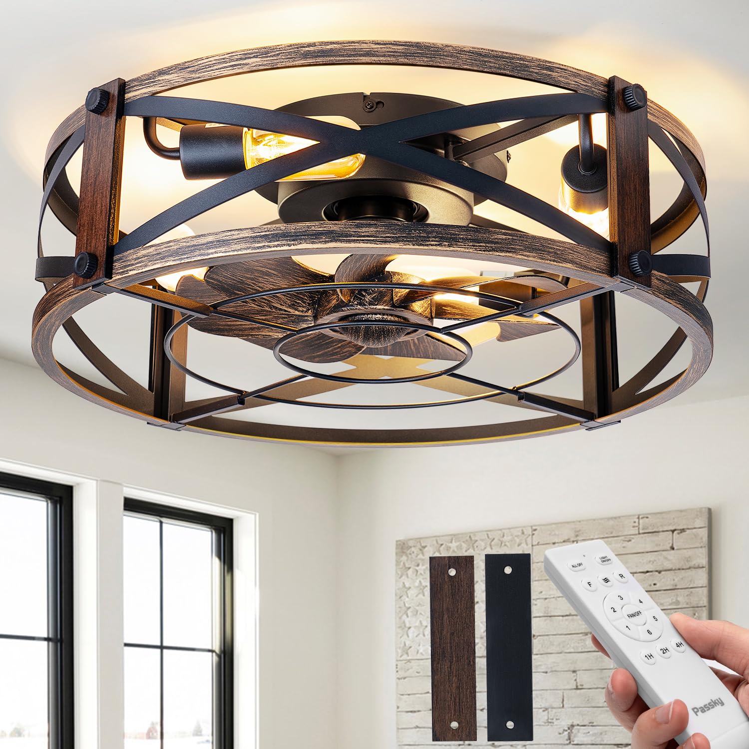 Photo 1 of ***PARTS ONLY***Passky 20" Farmhouse Flush Mount Ceiling Fans with Lights and Remote, Industrial Black Caged Low Profile Fandelier, 6 Speeds Bladeless Ceiling Fan for Bedroom, Kitchen, Living Room