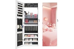 PEALSN Full Length Mirror Jewelry Organizers and Storage Cabinet, Wall or Door Mounted, Necklace Ring Earring, and Makeup Storage Lockable Gift Armoire, White.