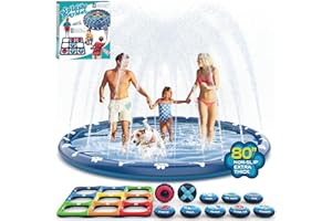 Growsland 4 in 1 Non Slip Splash Pad for Kids and Dogs, 80'' Extra Large Splash Pad Outdoor Sprinkler for Kids, Tic Tac Toe & Toss Game Outdoor Toys for Kids Ages 4-12…