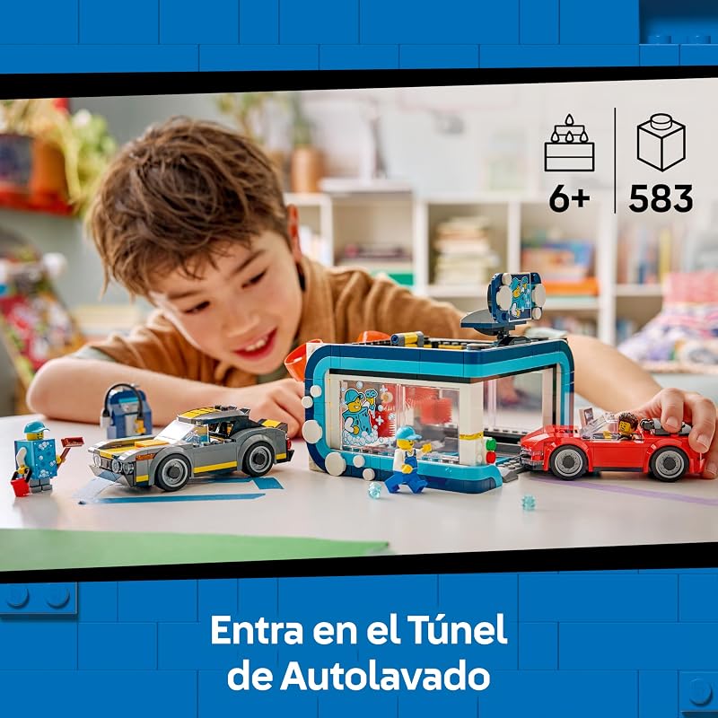 City Túnel de Autolavado de Juguete – Kit de Construcción con 2 Maquetas de Coches – Juego Interactivo con Rodillos Giratorios, “Agua” y Accesorios – Regalo para Niños de 6+ Años – 60497 — foto 2 de 8