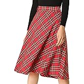 Allegra K Women's Tartan Plaid Christmas High Waist Belted Vintage A-Line Midi Skirt