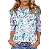 LOMON 3/4 Length Sleeve Womens Tops Spring Summer Fashion 2026 Tops Crew Neck Pleated Shirts Tunic Top Loose Fit