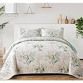 Anibedding Floral Quilt California King Size,Green Botanical California King Quilt 3 Pieces,Reversible Leaves Pattern Bedspread for All-Season (106"x96")