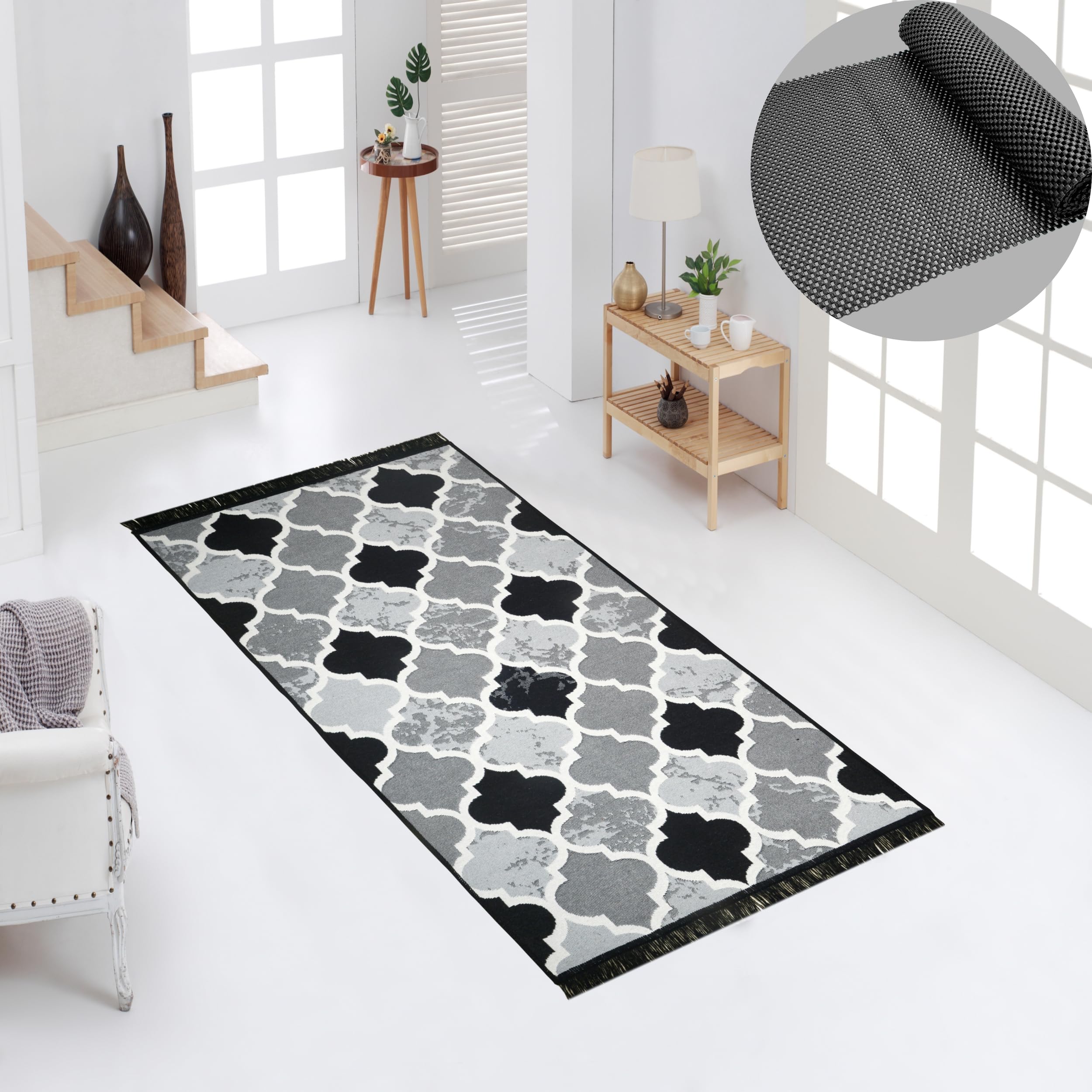 ALPSA TEXTILE Reversible Hallway Runner with Non Slip Mat | Machine Washable Area Rugs for Living Room, Bedroom and Kitchen | Carpet Runner Rugs for Hallway | Small Rug (Grey-Black, 80 x 150)