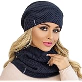 Hat and Scarf Set for Women – Knit Winter Beanie Fleece Lined Neck Warmer – Wool Double Layer Cap