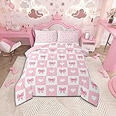 Feelyou Pink Bow Comforter Set Twin Size Cute Bowknot Bedding Set for Kids Boys Girls Cute Bowknot Duvet Quilt Bedroom Decor Microfiber 2 Pcs with 1 Pillow Cases