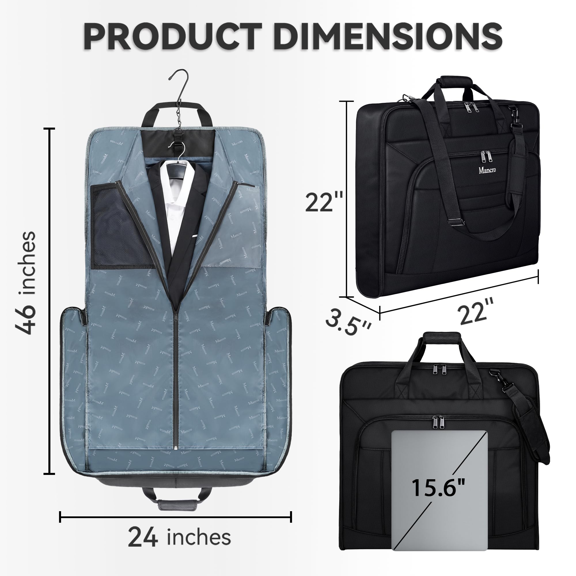 Garment Bags for Travel, Carry On Garment Bag for Business Trips with Shoulder Strap, Mancro Waterproof Foldable Luggage Hanging Suit Bags Gift for Men Women, 2 in 1 Suitcase for Coats, Suits (Black)