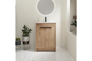 SSLine 24-Inch Bathroom Vanity with Sink Mid-Century Bathroom Vanities with Top Basin Floor Wood Bathroom Sink Cabinet with Soft-Close Doors & Adjustable Storage Shelves (Natural Brown)