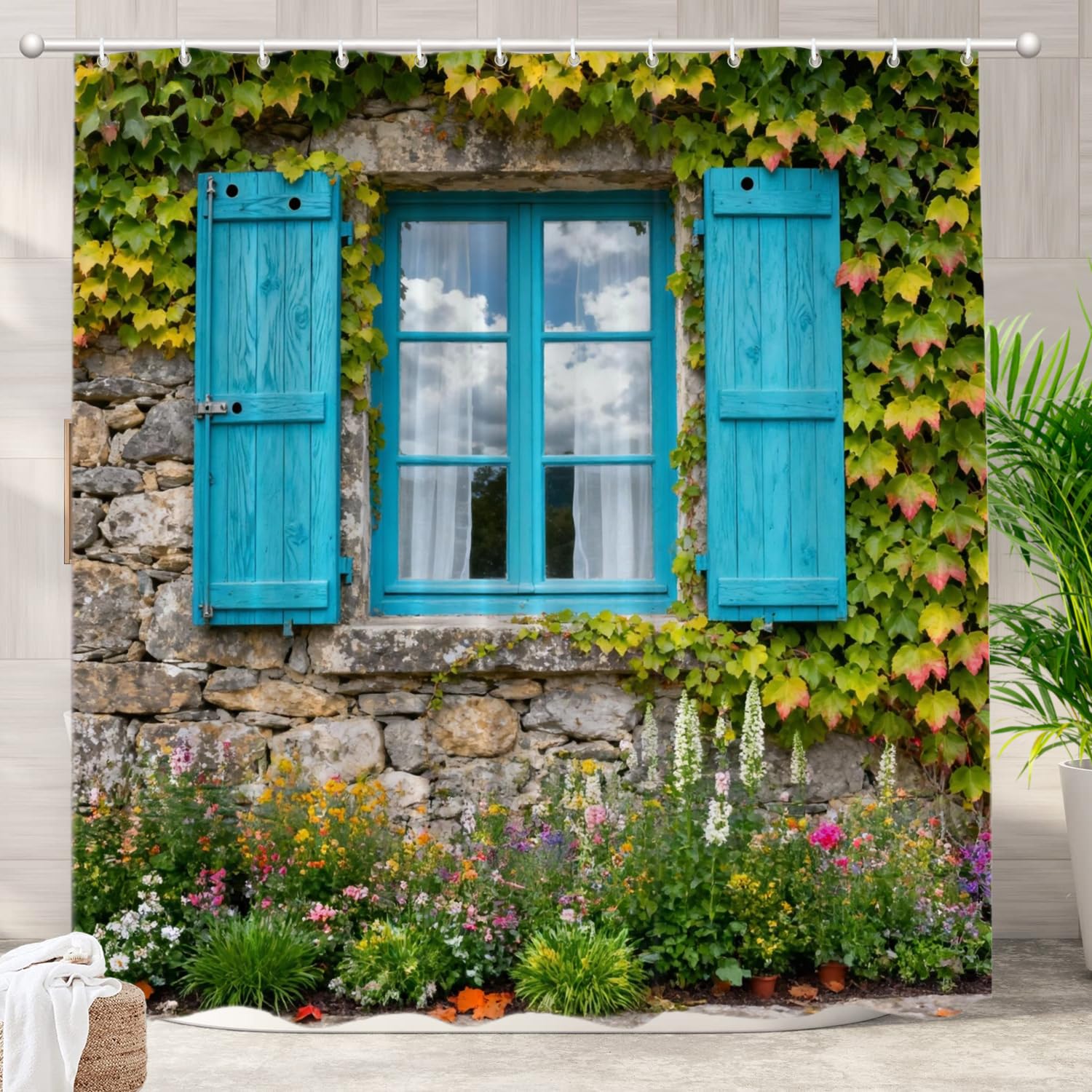 Batmerry European Flowers Scenery Garden Decoration Shower Curtain, Blue Wooden Windows Blinds Green Plants Decor Shower Curtain for Shower Stall Bathroom Waterproof of Standard Size 72x72 Inch